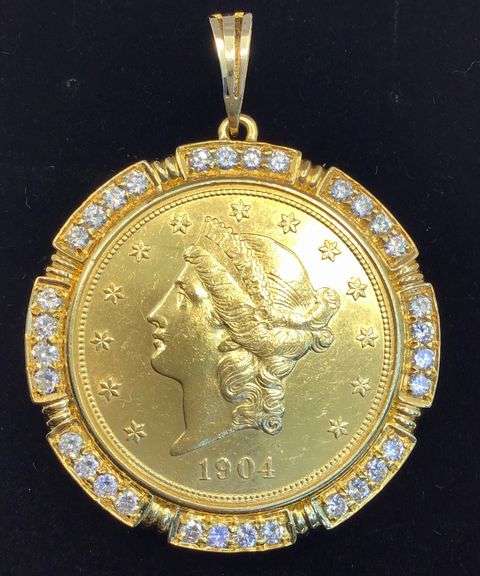 1904 GOLD COIN FRAMED IN 14K YELLOW GOLD AND ROUND BRILLIANT DIAMONDS