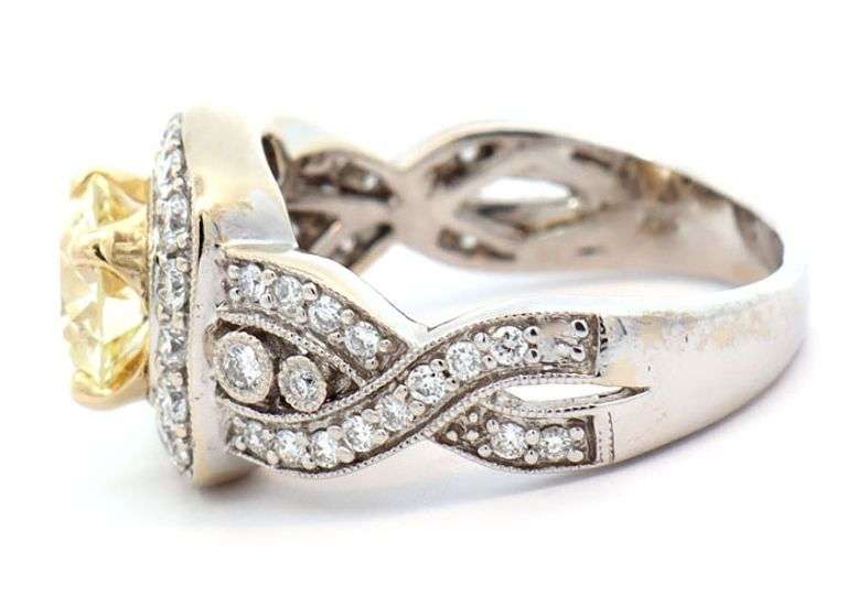 1.36ct Transition Cut Yellow Diamond and 0.65ctw White Diamond Frame Vintage Inspired Engagement Ring in 18K