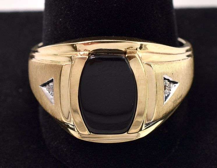 Ambitious 10K Yellow Gold Black Onyx and Diamond Men's Ring