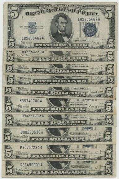 10 Much nicer 1934 Series $5 Blue Seal Silver Certificates