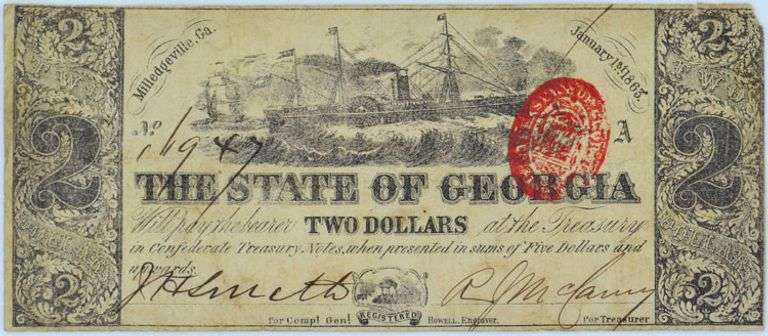 1863 State Of Georgia Two Dollars Circulated