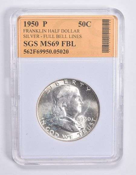 MS69 FBL 1950-P Franklin Silver Half Dollar Full Bell Lines SGS