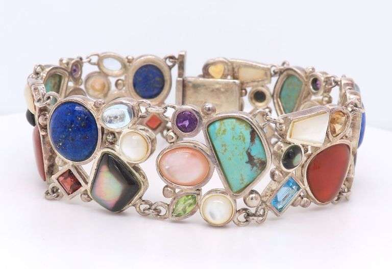 Vintage 925 Sterling Silver Signed Lapis, Turquoise, Coral and Pearl Wide Bracelet