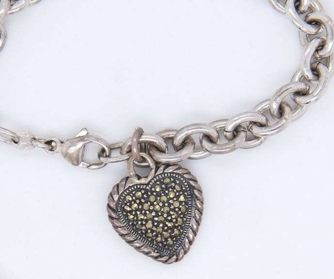 Italian Vintage 925 Sterling Silver Bracelet with Macasite Heart Shaped Charm