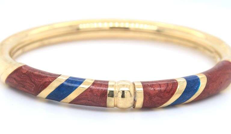 Incredible 18kt Yellow Gold Red and Blue Enamel Bangle Bracelet
