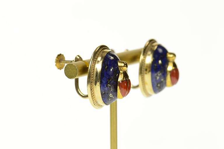 14K Yellow Gold Lapis Lazuli Coral Beetle Bug Screw Back Earrings