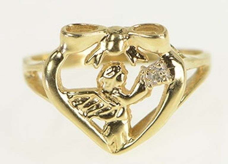 10K Yellow Gold Diamond Guardian Angel Heart Love Ring