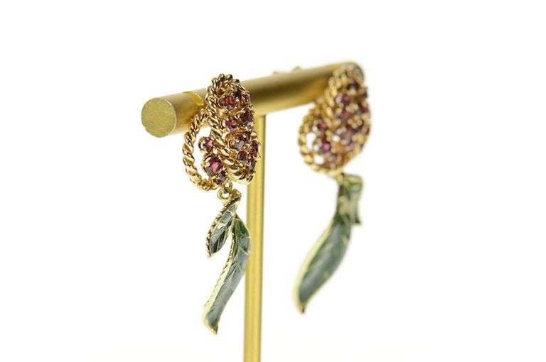 14K Yellow Gold Ornate Ruby Green Enamel Cherry Cluster Earrings