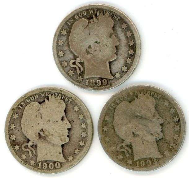 3 Different Barber Silver Quarters: 1899, 1900, & 1903