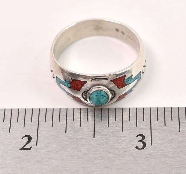 Sterling Silver Native American Turquoise and Coral Gemstone Ring