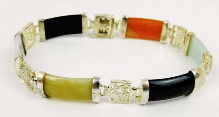 Chinese Sterling & Gemstones Panel Link Bracelet