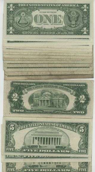 18 Super assorted STAR NOTES: 14 $1, one $2 Red Seal, & 3 $5 Red Seals