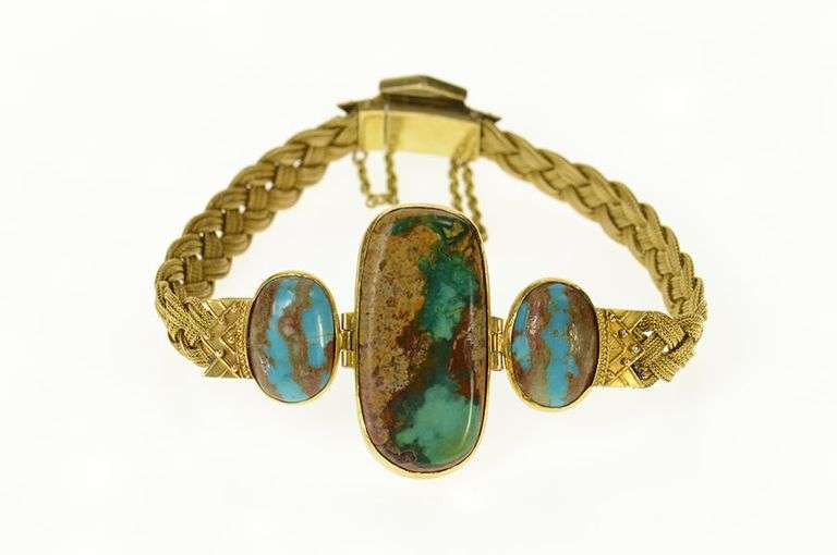 18K Yellow Gold Elaborate Turquoise Woven Braided Chain Bracelet