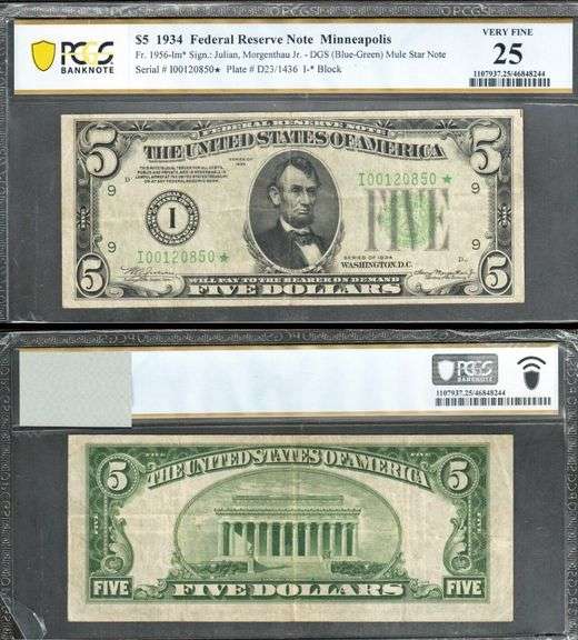 $5 1934  FRN Fr. 1956-Im* MINNEAPOLIS MULE STAR =2 known= PCGS-B VF 25