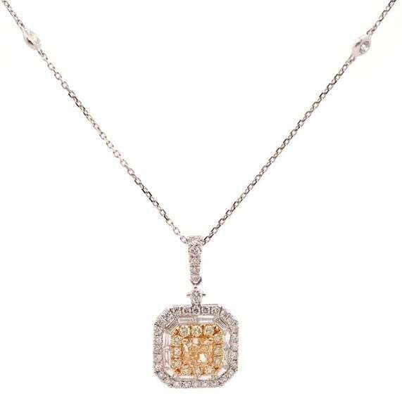 New 0.92ctw Fancy Yellow Diamond and 0.46ctw White Diamond Frame Pendant Necklace in 14K