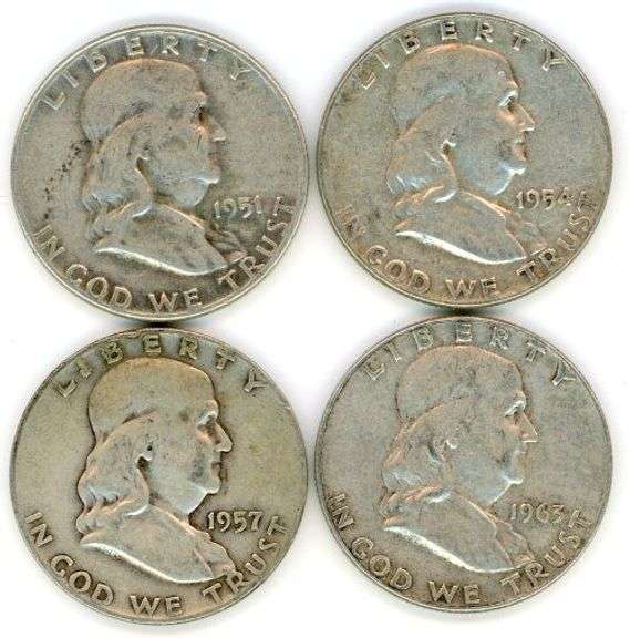 4 Different Silver Franklin Half Dollars: 1951-1963