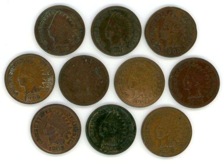 Run of 10 Different Indian Head Cents: 1880-1889
