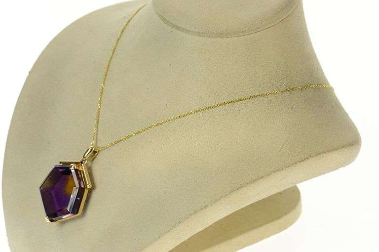 18K Yellow Gold Ornate Hexagonal Ametrine Honey Comb Pendant