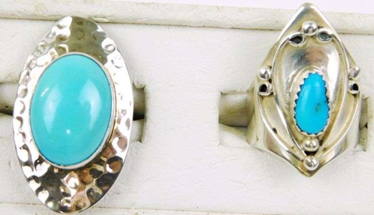 2 Large Sterling Turquoise Navajo Rings