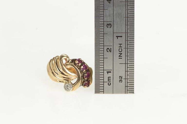 14K Rose Gold 1930's Syn. Ruby Diamond Swirl Ring