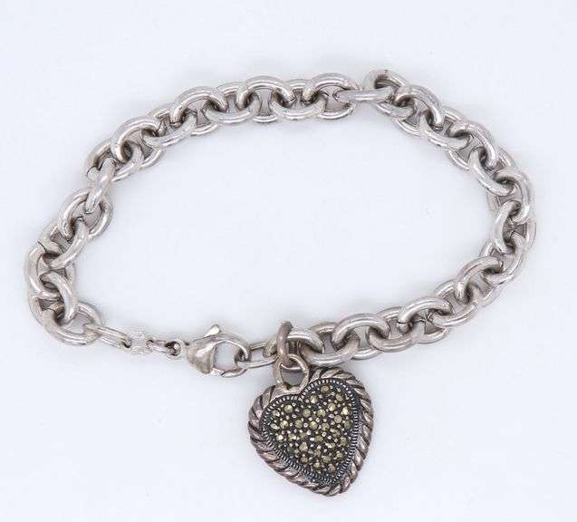 Italian Vintage 925 Sterling Silver Bracelet with Macasite Heart Shaped Charm