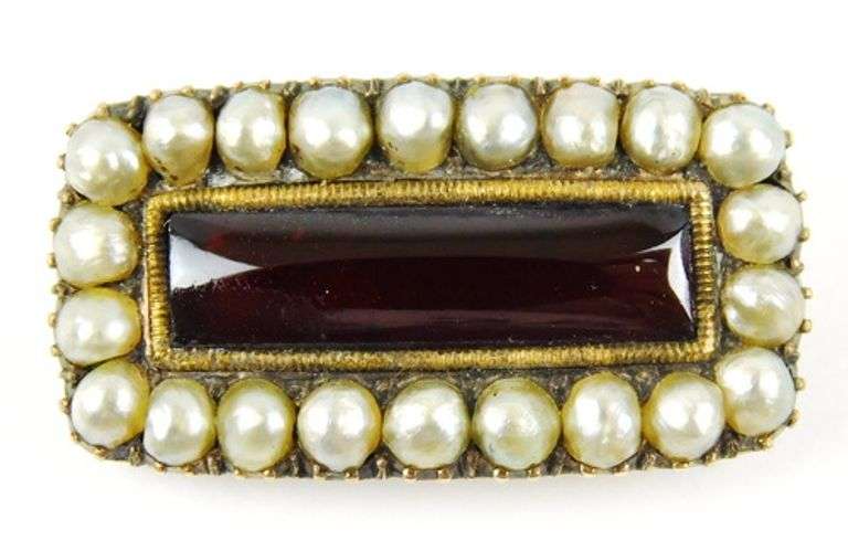 C. 1850 Antique 9K Gold Garnet & Pearls Brooch