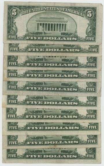 10 Much nicer 1934 Series $5 Blue Seal Silver Certificates