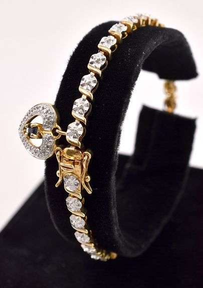 Sterling Silver Vermeil Diamond Tennis Bracelet with a Blue Sapphire Heart Dangle Charm