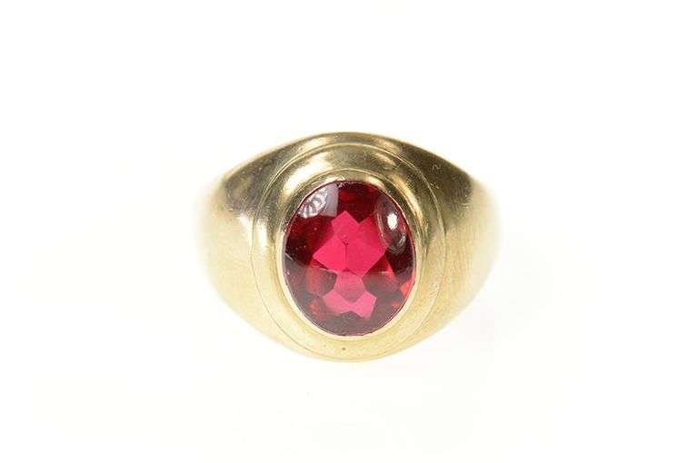 10K Yellow Gold Oval Syn. Ruby Retro Men's Statement Ring