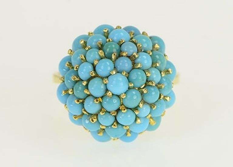 18K Yellow Gold 1950's Domed Turquoise Pave Cocktail Ring