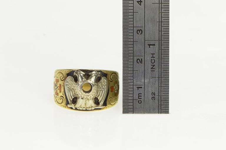14K Yellow Gold Masonic 32nd Degree Eagle Enamel Ring