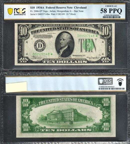 $10 1934-A FRN, Fr. 2006-D* Scarce Cleveland Star PCGS-B Ch AU 58PPQ