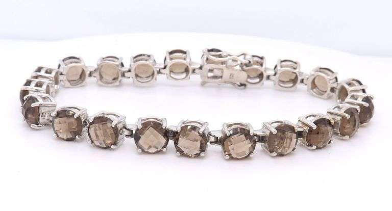 925 Sterling silver round brilliant cut smokey quartz tennis bracelet