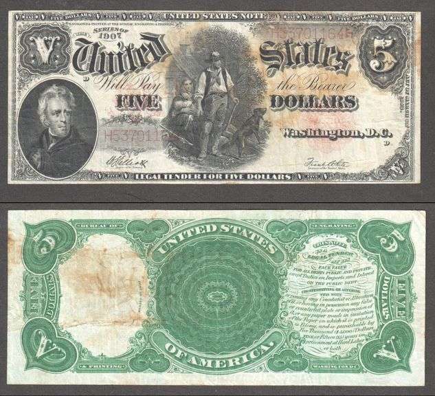 $5 1907 Legal Tender, Fr. 90 Woodchopper Pioneer Family  Very Fine