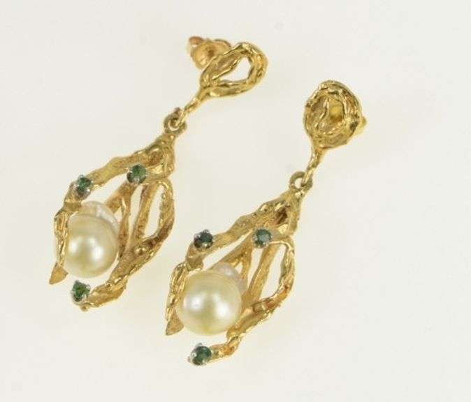 14K Yellow Gold Pearl Emerald Ornate Branch Dangle Earrings