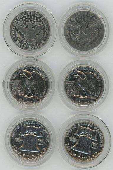 6 Assorted Silver Half Dollars in custom capsules