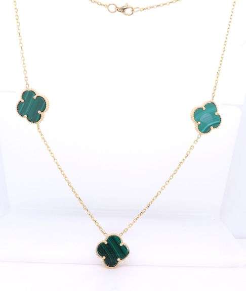 14kt Yellow Gold 3 Clover Malachite Necklace