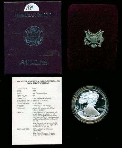 3 Diff. Gem Proof $1 Silver Eagles: 1987, 1988, & 1989. Box/COA
