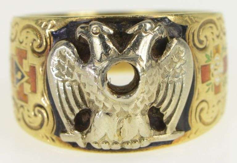 14K Yellow Gold Masonic 32nd Degree Eagle Enamel Ring