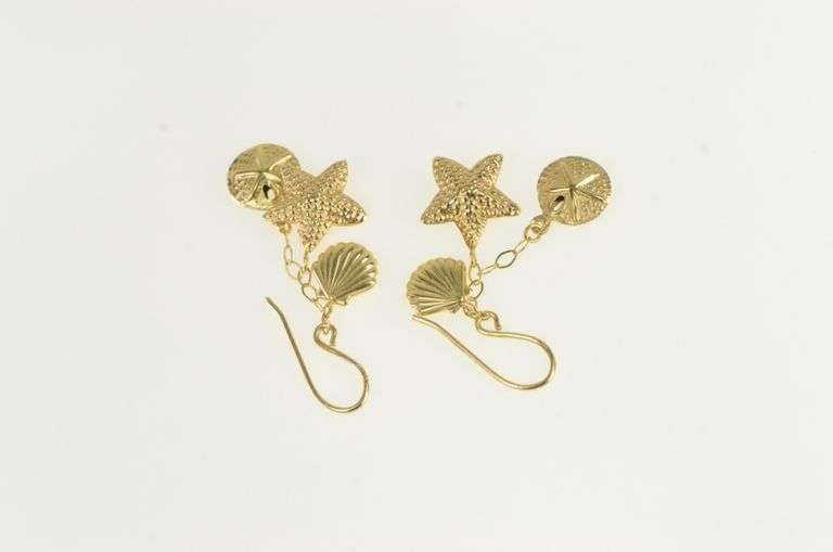 14K Yellow Gold Sand Dollar Sea Star Fish Shell Dangle Earrings