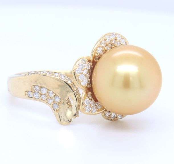 Divine Yellow Gold 12.5mm Golden South Sea Pearl and Diamond Ring