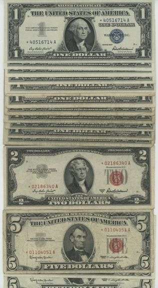 18 Super assorted STAR NOTES: 14 $1, one $2 Red Seal, & 3 $5 Red Seals