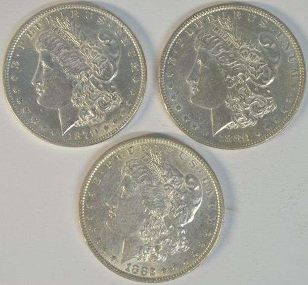 3 Flashy-white 'P' Mint Morgan Silver Dollars from 1879, 1880, & 1882
