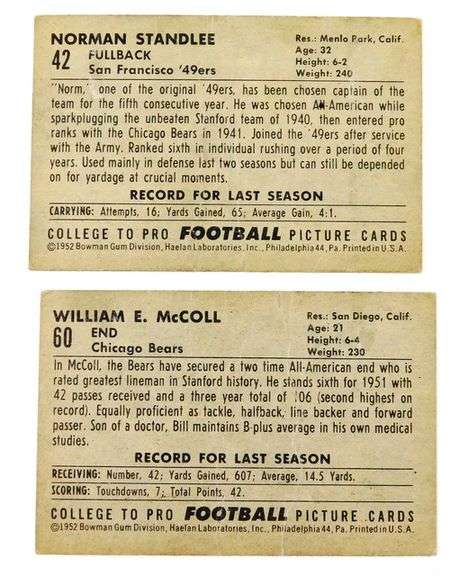 2 Bowman Gum 1952 Football Cards