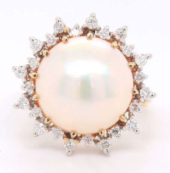 Powerful Mabe Pearl and Diamond Halo Ring in Yellow Gold