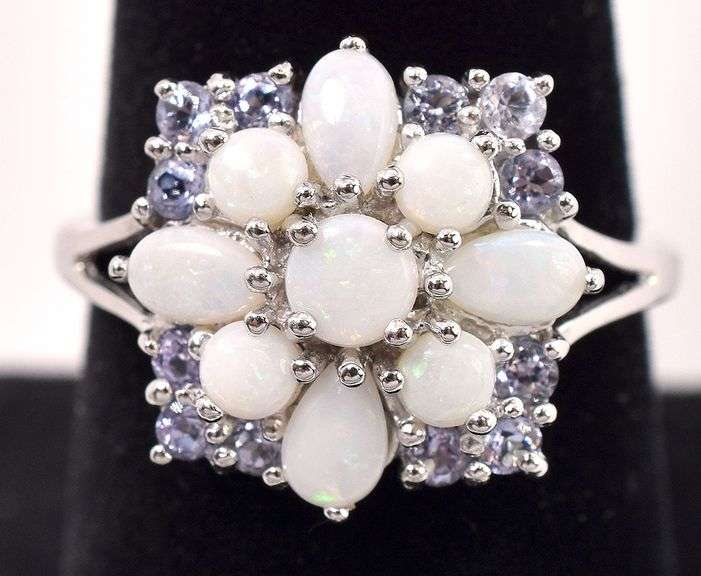 Beautiful 14K White Gold Opal and Purple Gemstone Ring