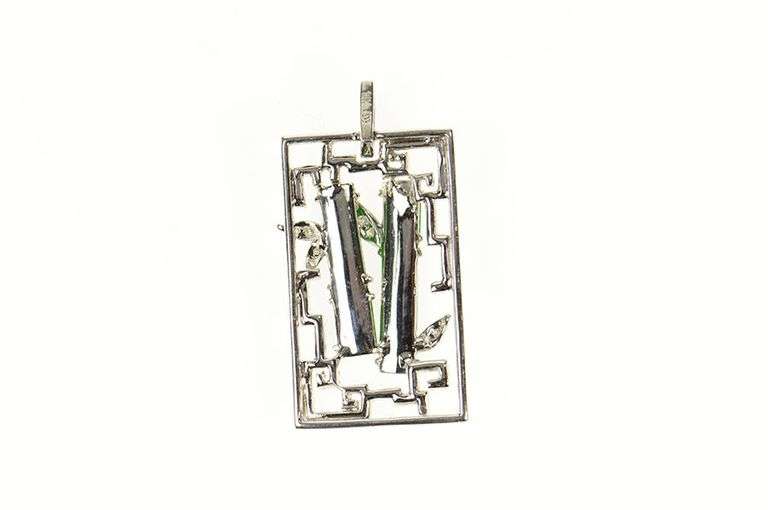 18K White Gold Jade Diamond Ornate Squared Vine Motif Pendant