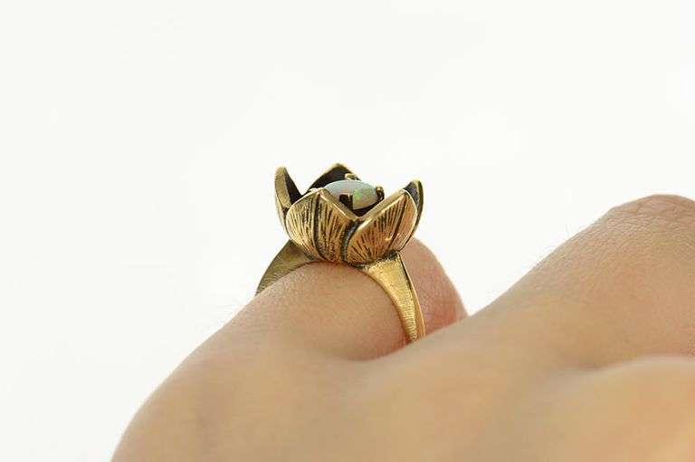 14K Yellow Gold Natural Opal Inset 3D Flower Tulip Statement Ring