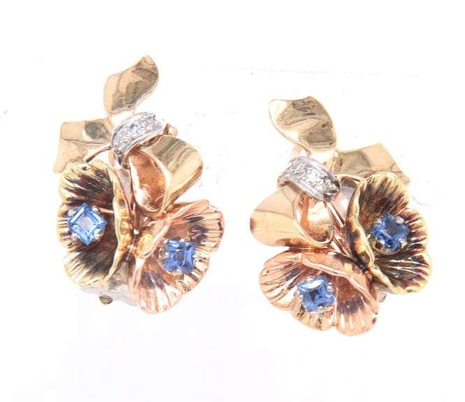 Vintage Yellow Gold Blue Sapphire and Diamond Earrings