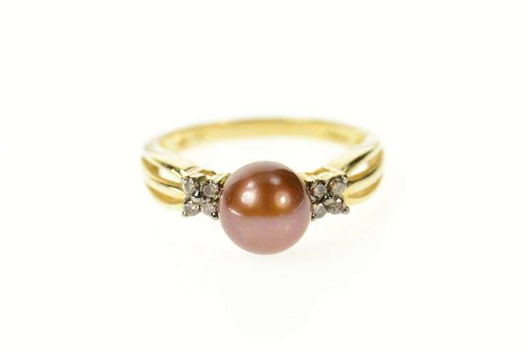 14K Yellow Gold Pearl Fancy Diamond Cluster Statement Ring
